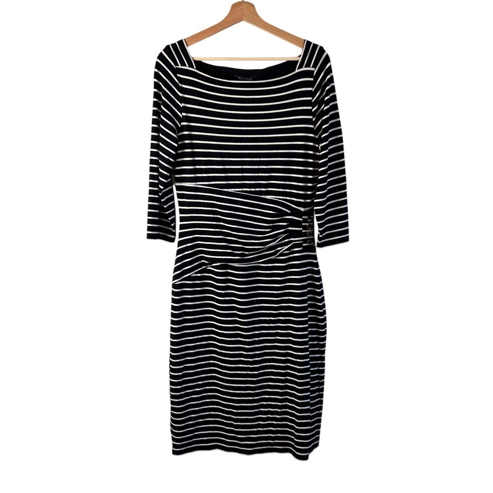 White House Black Market Dress Black White Women Size M Striped Ruched Sheath